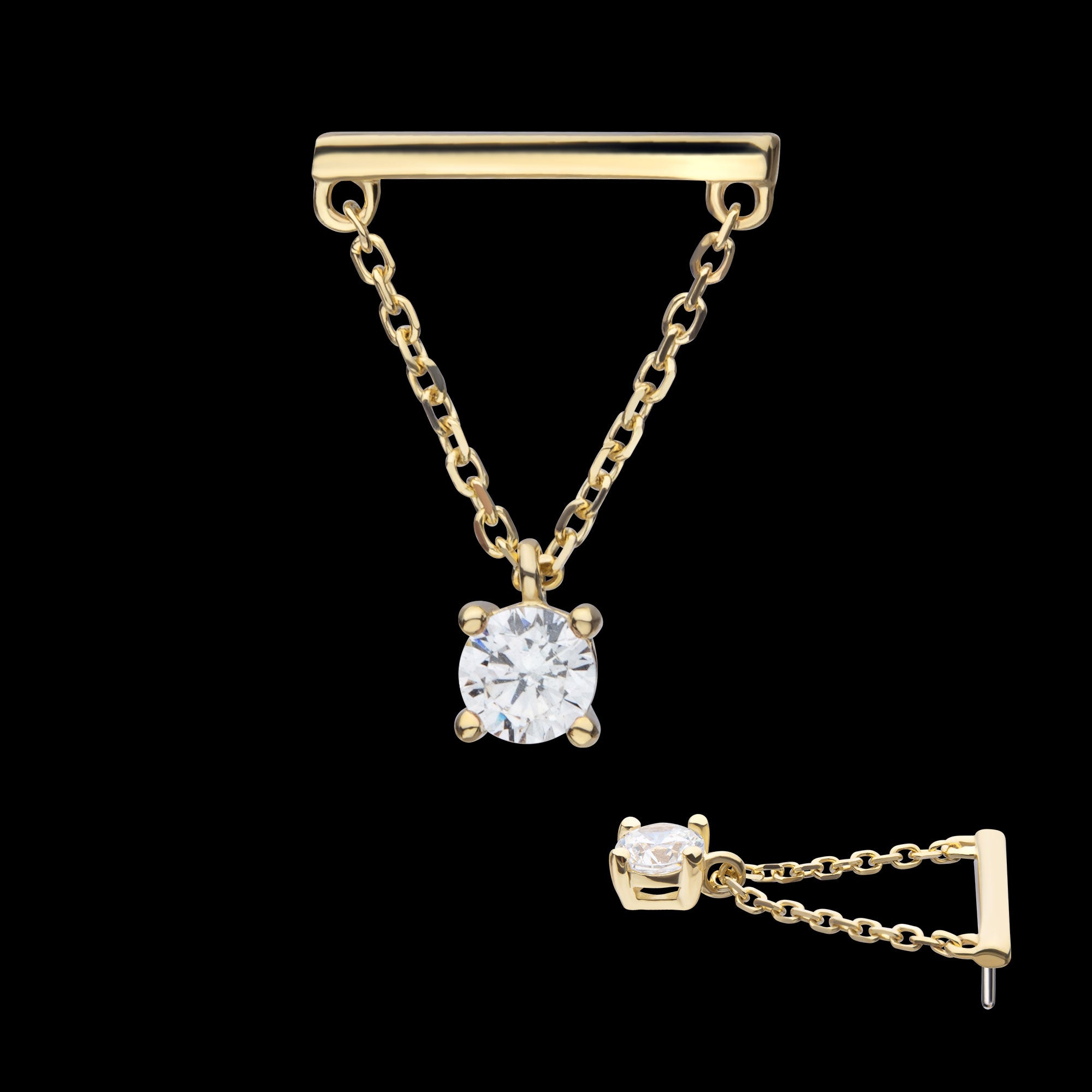 Bar with 4-Prong Gem Dangle Flatback Stud Earring / Nosering - Gem in 14Kt Yellow Gold