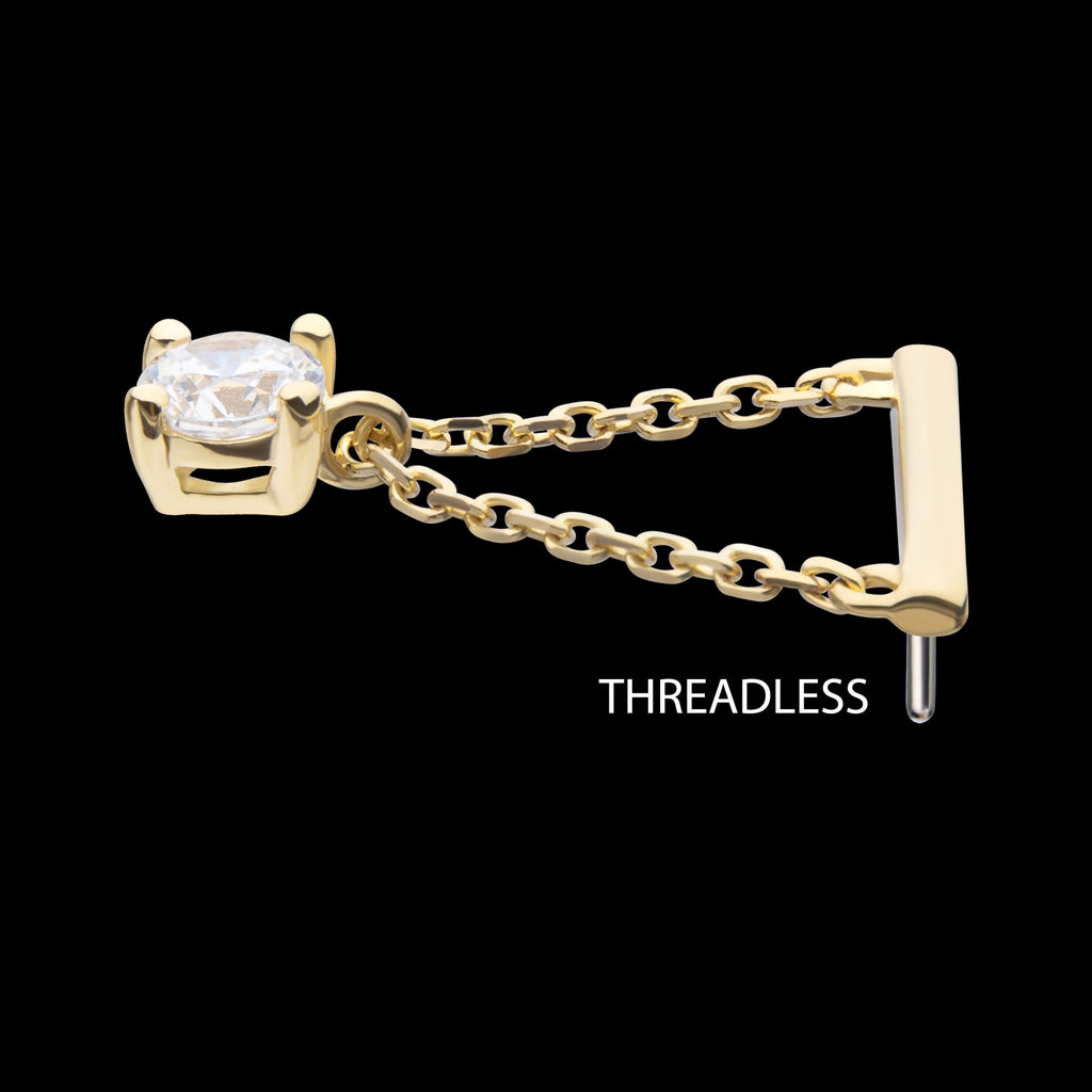 Bar with 4-Prong Gem Dangle Flatback Stud Earring / Nosering - Gem in 14Kt Yellow Gold
