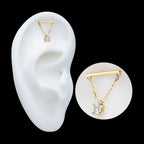 Bar with 4-Prong Gem Dangle Flatback Stud Earring / Nosering - Gem in 14Kt Yellow Gold