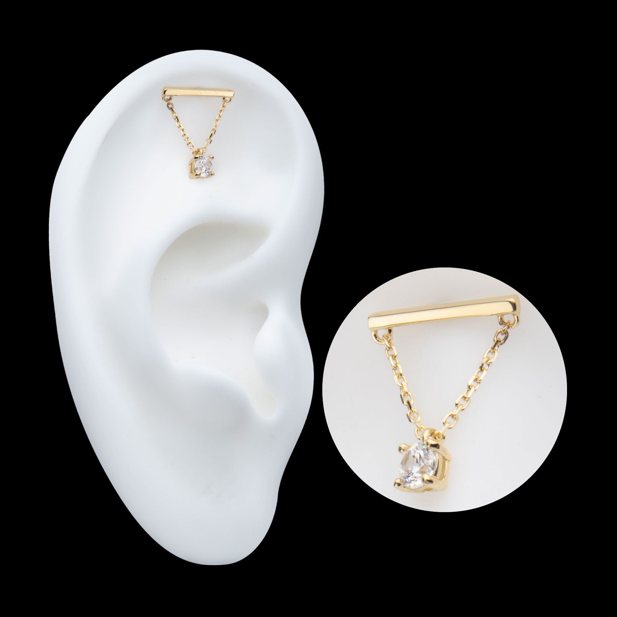 Bar with 4-Prong Gem Dangle Flatback Stud Earring / Nosering - Gem in 14Kt Yellow Gold