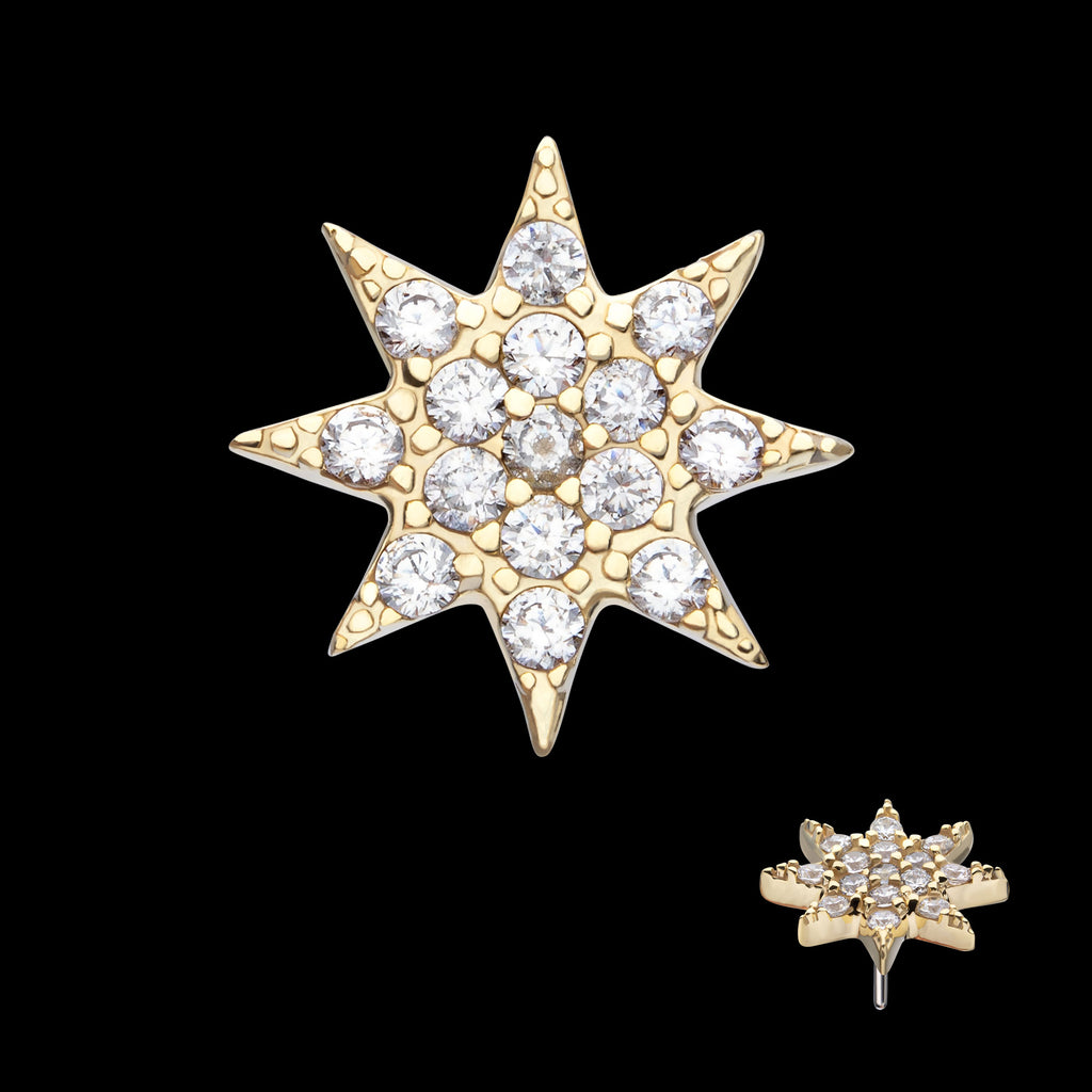 Pave Set Gem Octagram Star Flatback Stud Earring / Nosering - Gem in 14Kt Yellow Gold