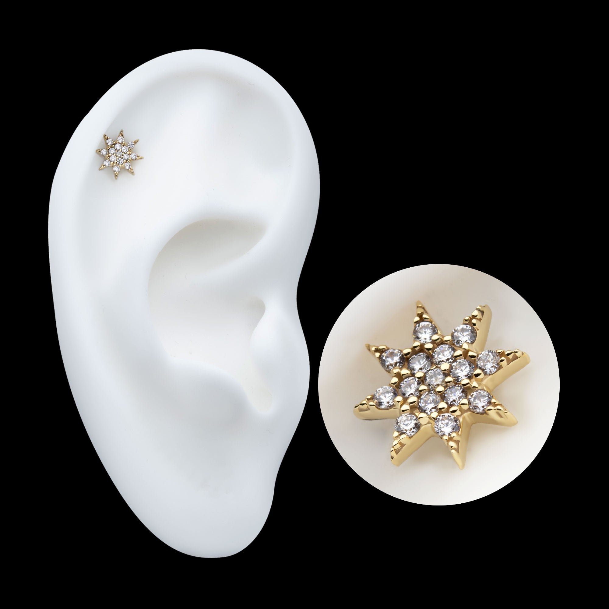 Pave Set Gem Octagram Star Flatback Stud Earring / Nosering - Gem in 14Kt Yellow Gold