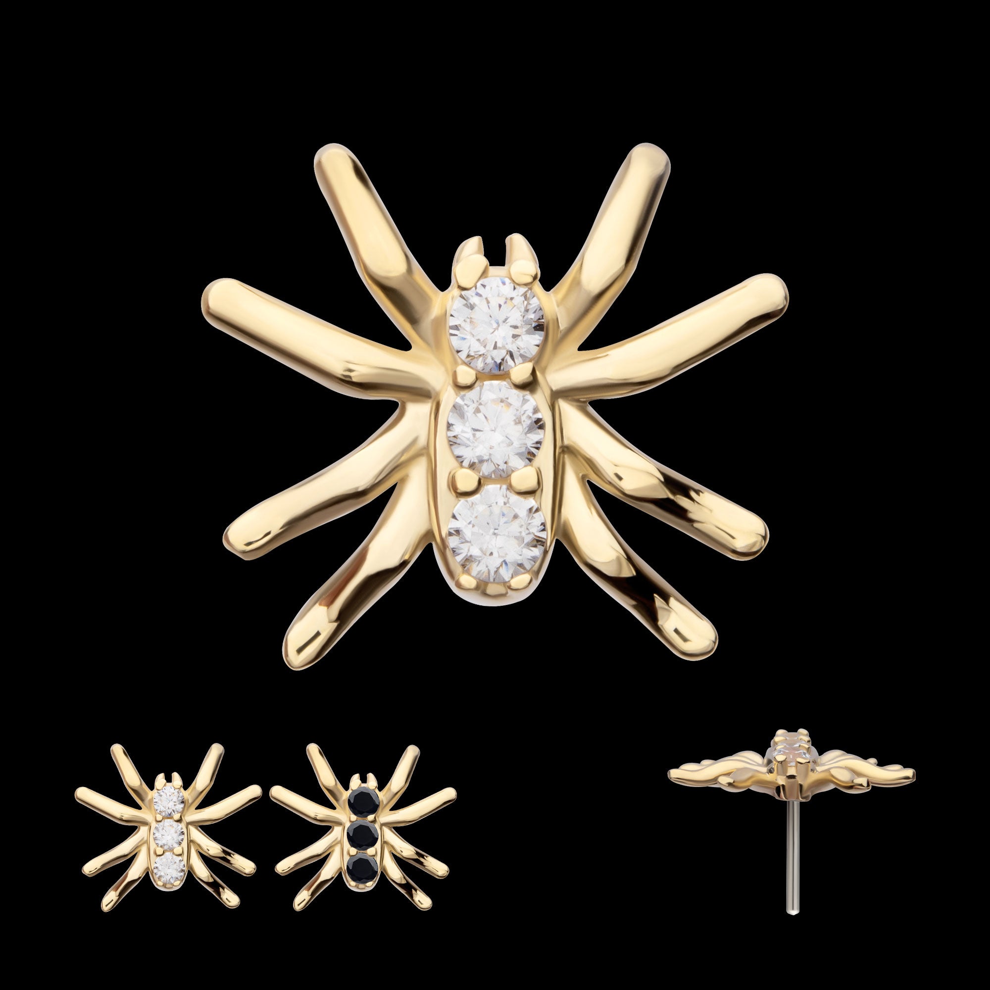Prong Set 3-Round Gem Spider Flatback Stud Earring / Nosering - Gem in 14Kt Yellow Gold