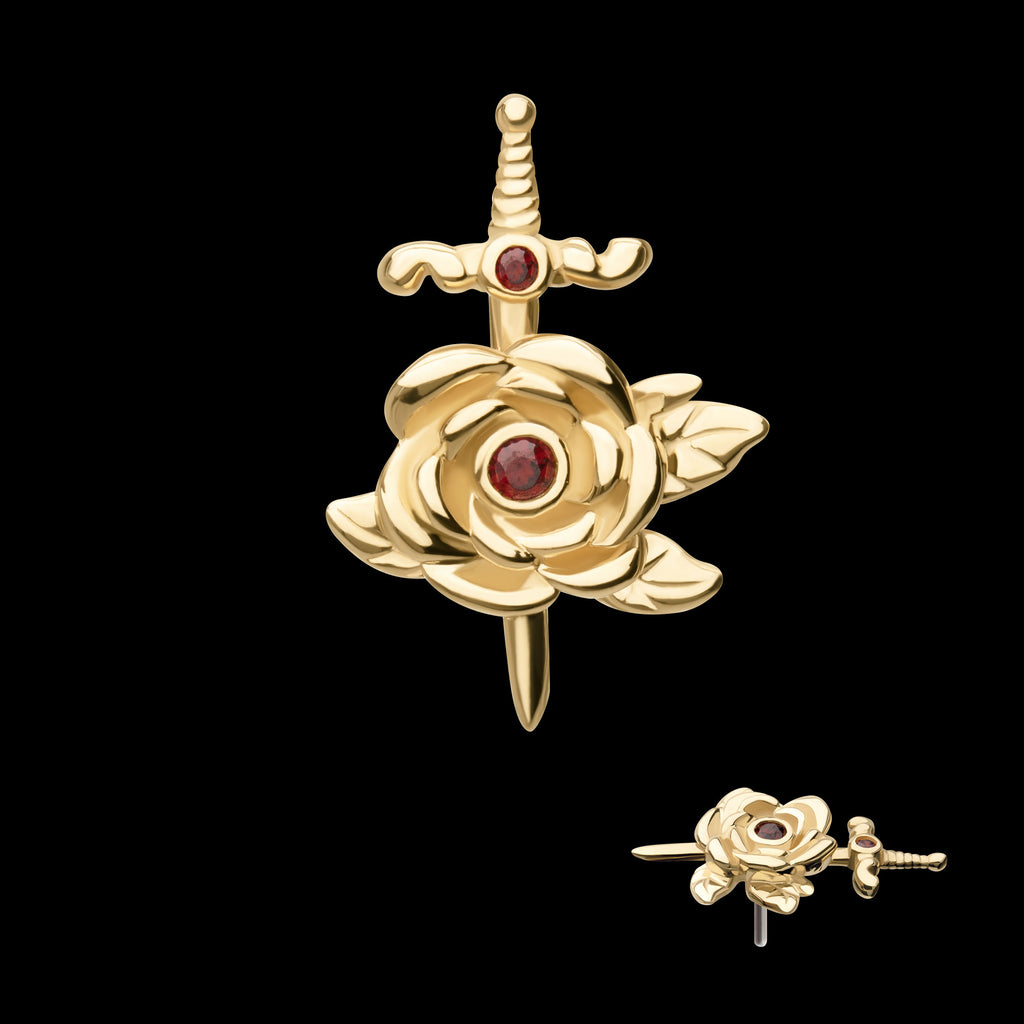 Bezel Garnet Round Gem Rose and Dagger Flatback Stud Earring / Nosering - Garnet in 14Kt Yellow Gold