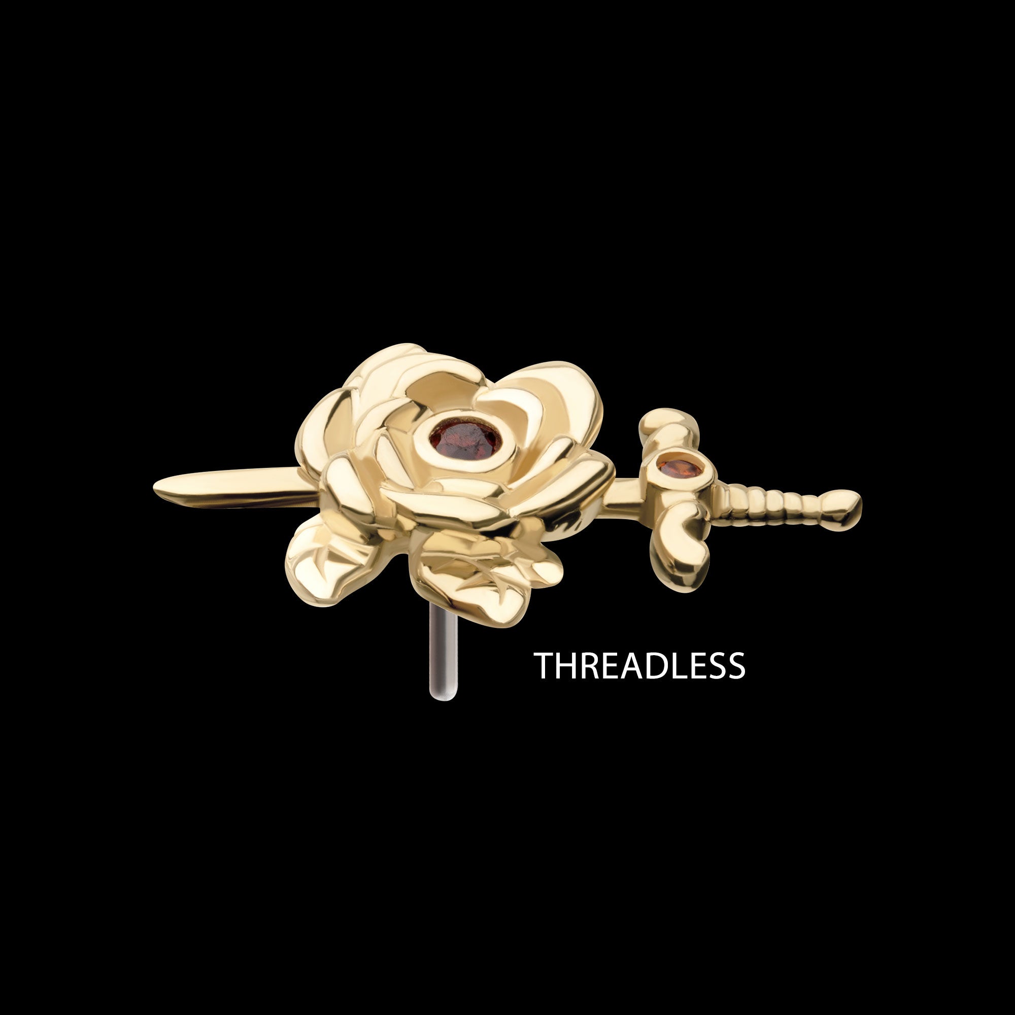 Bezel Garnet Round Gem Rose and Dagger Flatback Stud Earring / Nosering - Garnet in 14Kt Yellow Gold