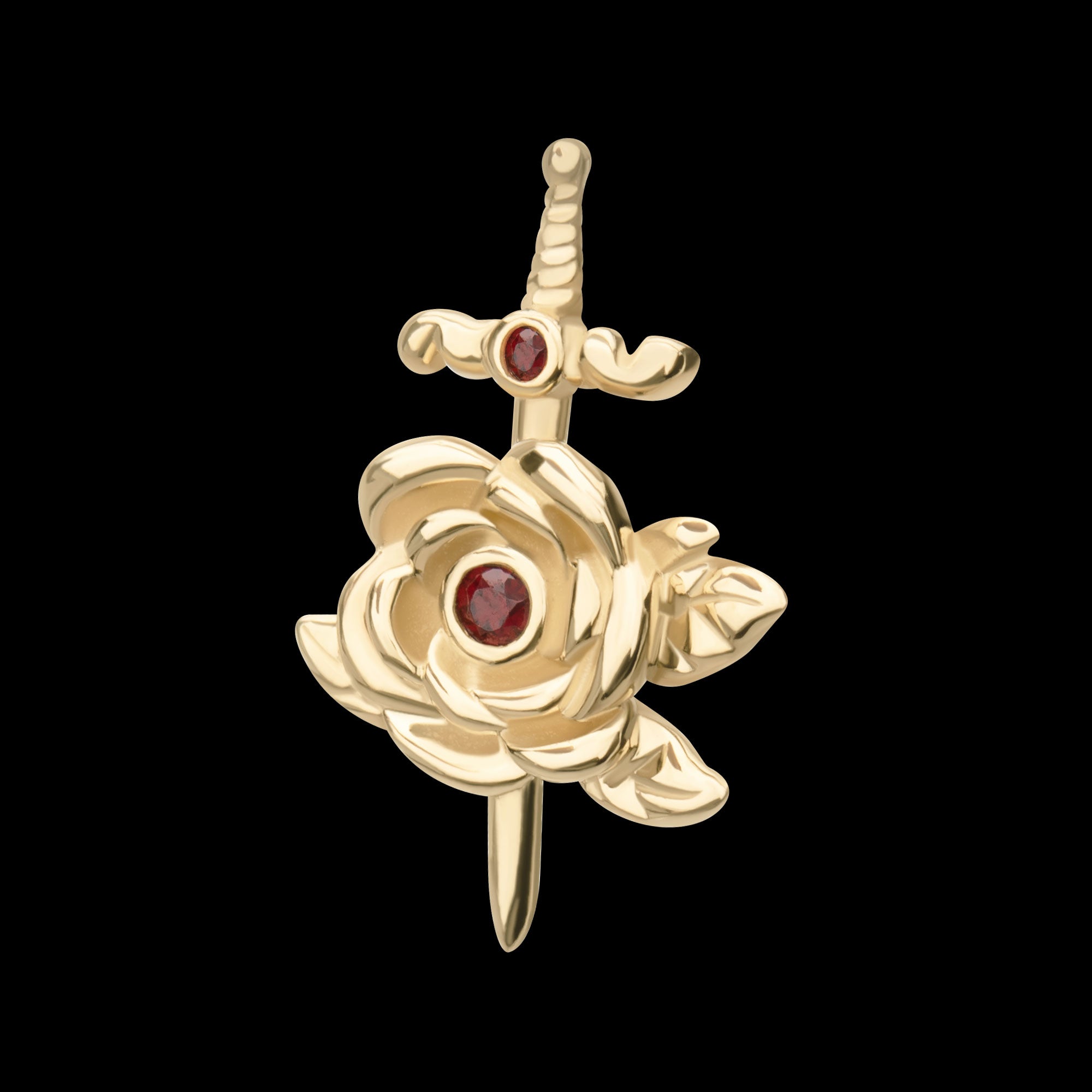 Bezel Garnet Round Gem Rose and Dagger Flatback Stud Earring / Nosering - Garnet in 14Kt Yellow Gold