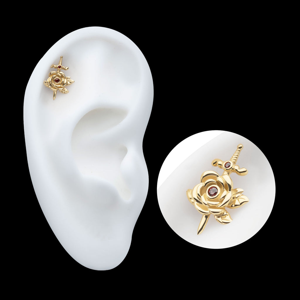 Bezel Garnet Round Gem Rose and Dagger Flatback Stud Earring / Nosering - Garnet in 14Kt Yellow Gold