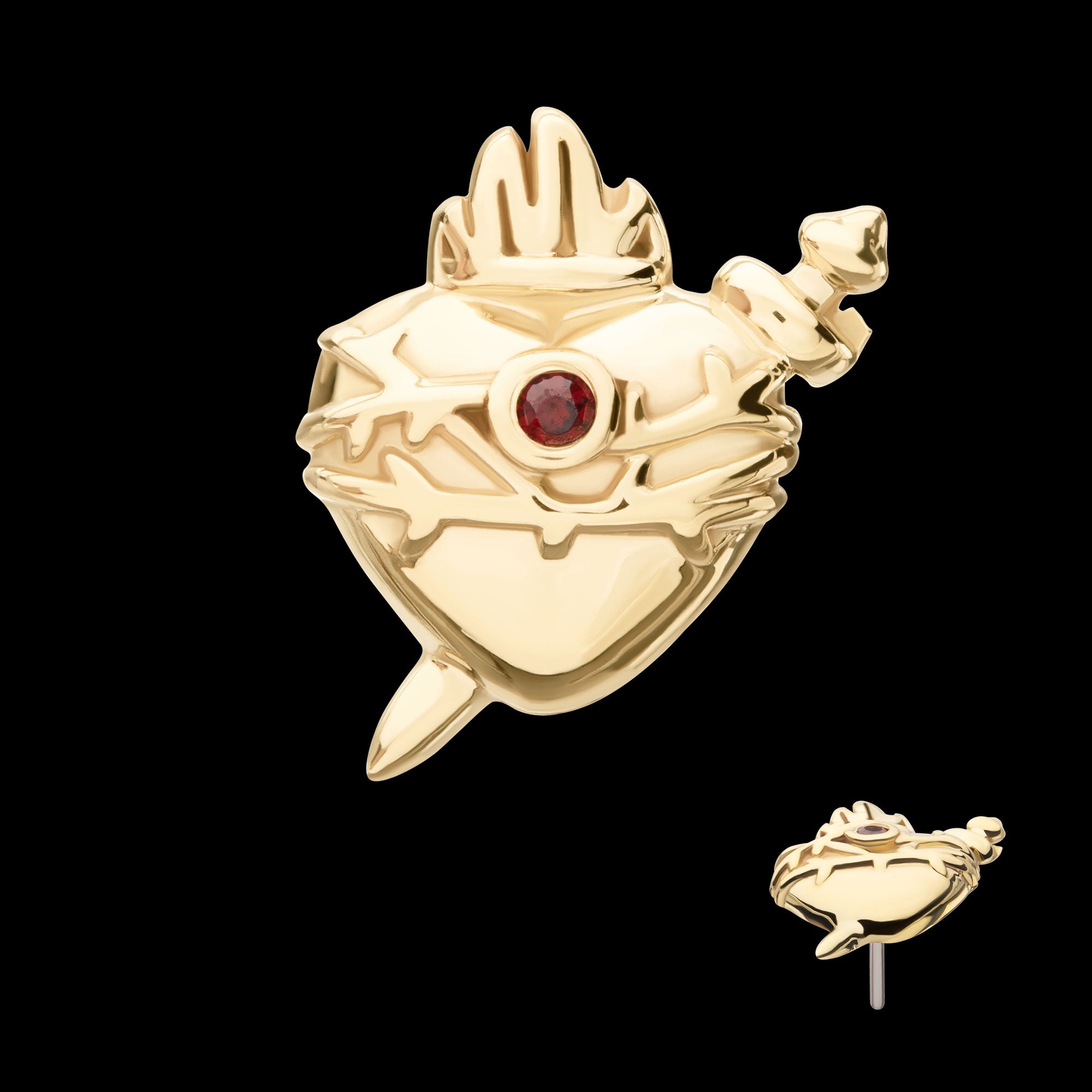 Sacred Heart with Dagger Garnet Bezel Gem Flatback Stud Earring / Nosering - Garnet in 14Kt Yellow Gold