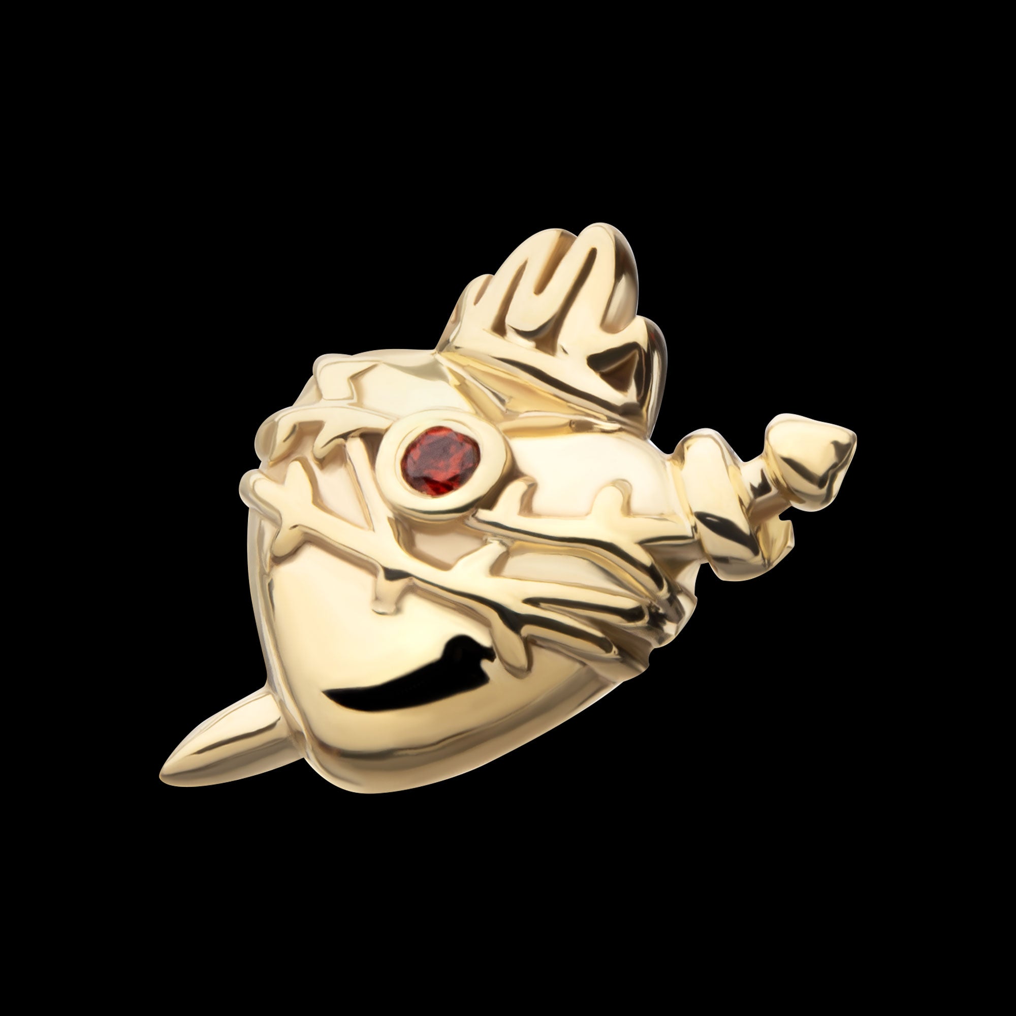 Sacred Heart with Dagger Garnet Bezel Gem Flatback Stud Earring / Nosering - Garnet in 14Kt Yellow Gold