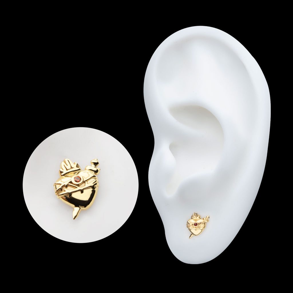 Sacred Heart with Dagger Garnet Bezel Gem Flatback Stud Earring / Nosering - Garnet in 14Kt Yellow Gold