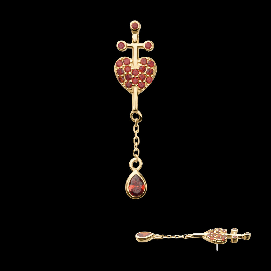 Dagger Heart with Pave Garnet Gem & Teardrop Chain Dangle Flatback Stud Earring / Nosering - Garnet in 14Kt Yellow Gold