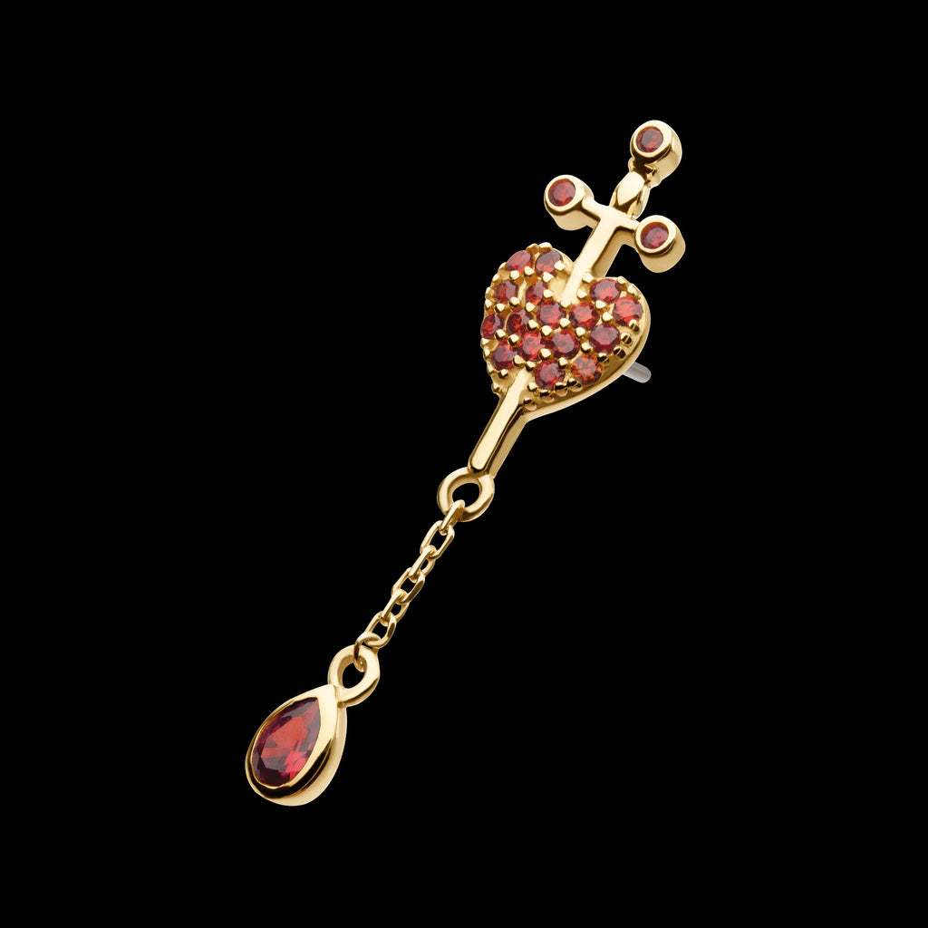 Dagger Heart with Pave Garnet Gem & Teardrop Chain Dangle Flatback Stud Earring / Nosering - Garnet in 14Kt Yellow Gold