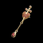 Dagger Heart with Pave Garnet Gem & Teardrop Chain Dangle Flatback Stud Earring / Nosering - Garnet in 14Kt Yellow Gold