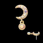 Pave Set Gem Crescent Moon with Bezel Round Dangle Flatback Stud Earring / Nosering - Gem in 14Kt Yellow Gold