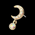 Pave Set Gem Crescent Moon with Bezel Round Dangle Flatback Stud Earring / Nosering - Gem in 14Kt Yellow Gold