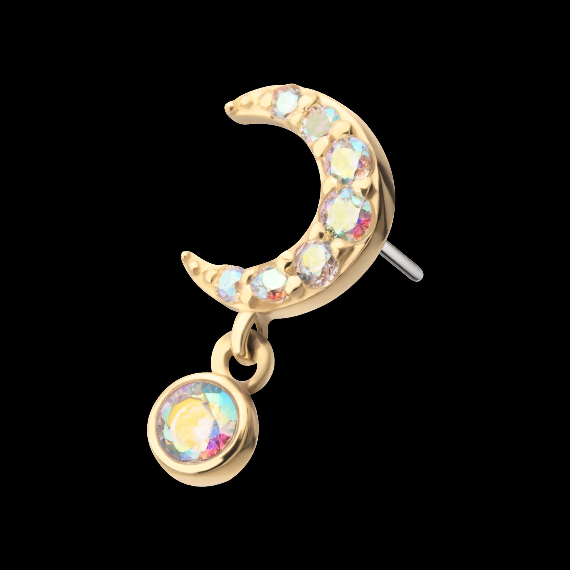 Pave Set Gem Crescent Moon with Bezel Round Dangle Flatback Stud Earring / Nosering - Gem in 14Kt Yellow Gold