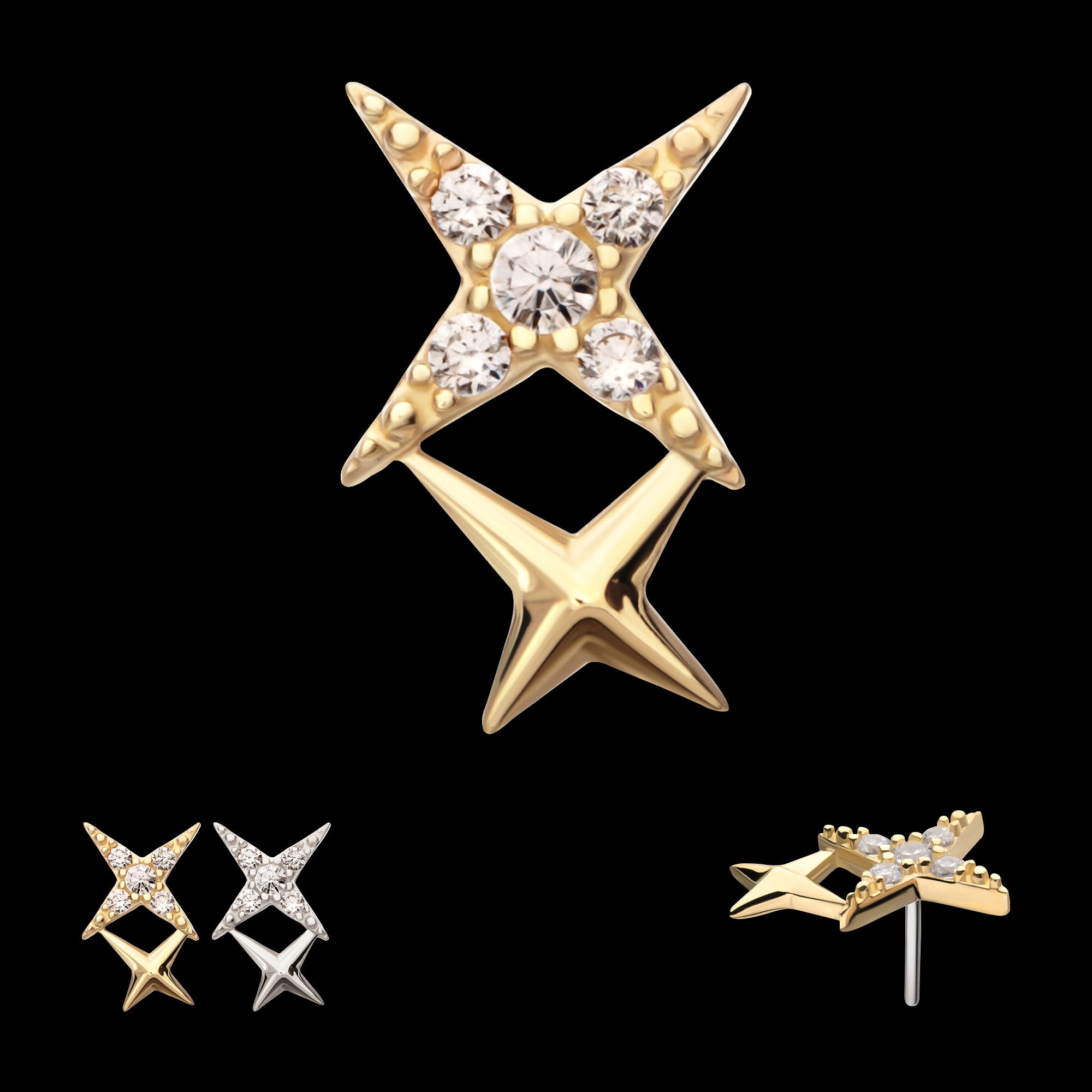 Pave Set Round Gem Double Celestial Star Flatback Stud Earring / Nosering - Gem in 14Kt Gold
