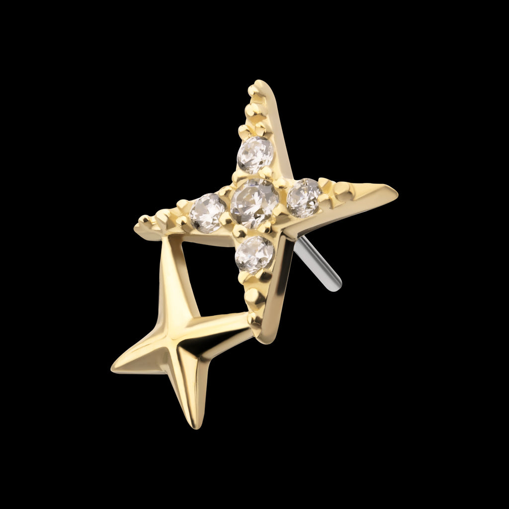 Pave Set Round Gem Double Celestial Star Flatback Stud Earring / Nosering - Gem in 14Kt Gold