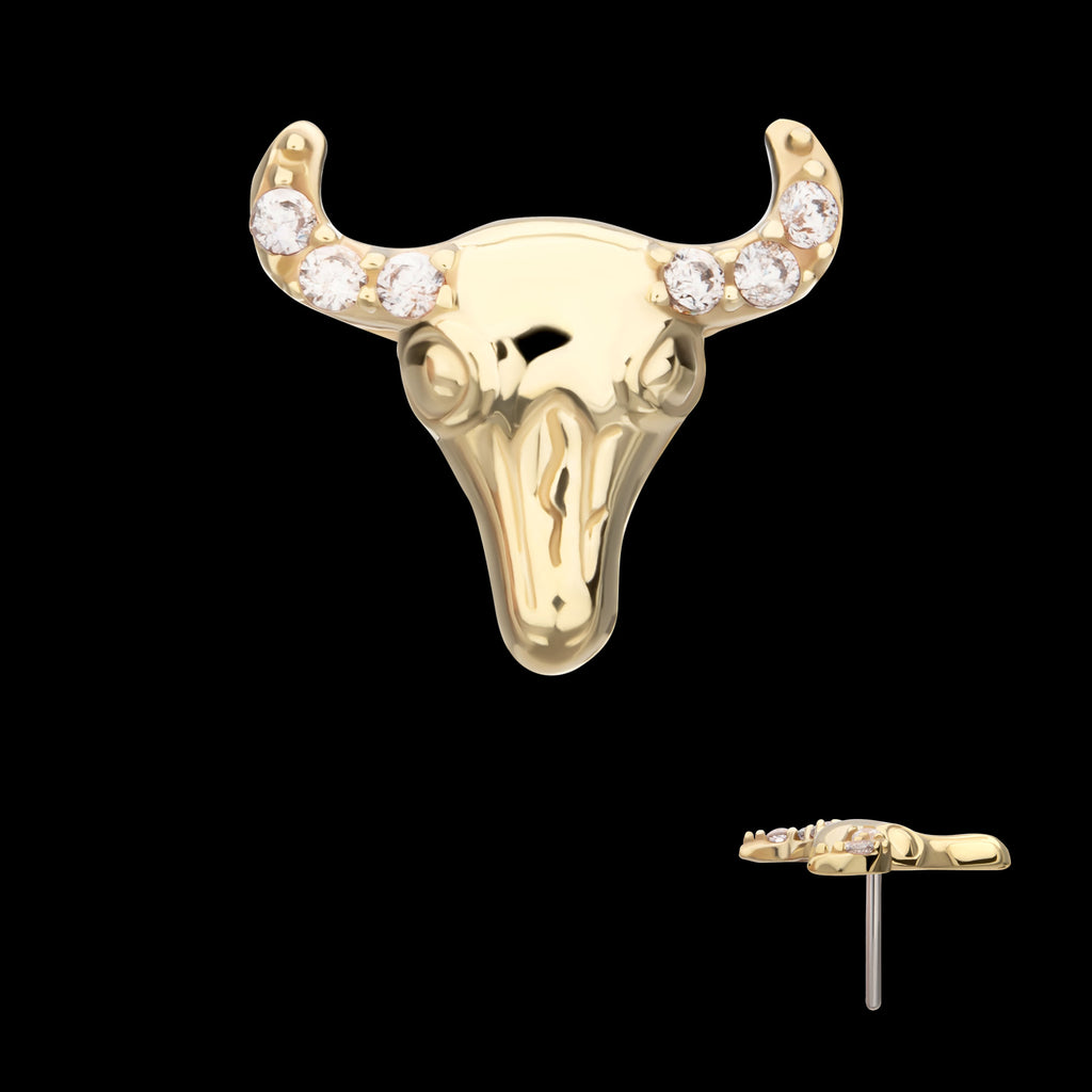 2D Steer Head with Prong Set Gem Flatback Stud Earring / Nosering - Gem in 14Kt Yellow Gold