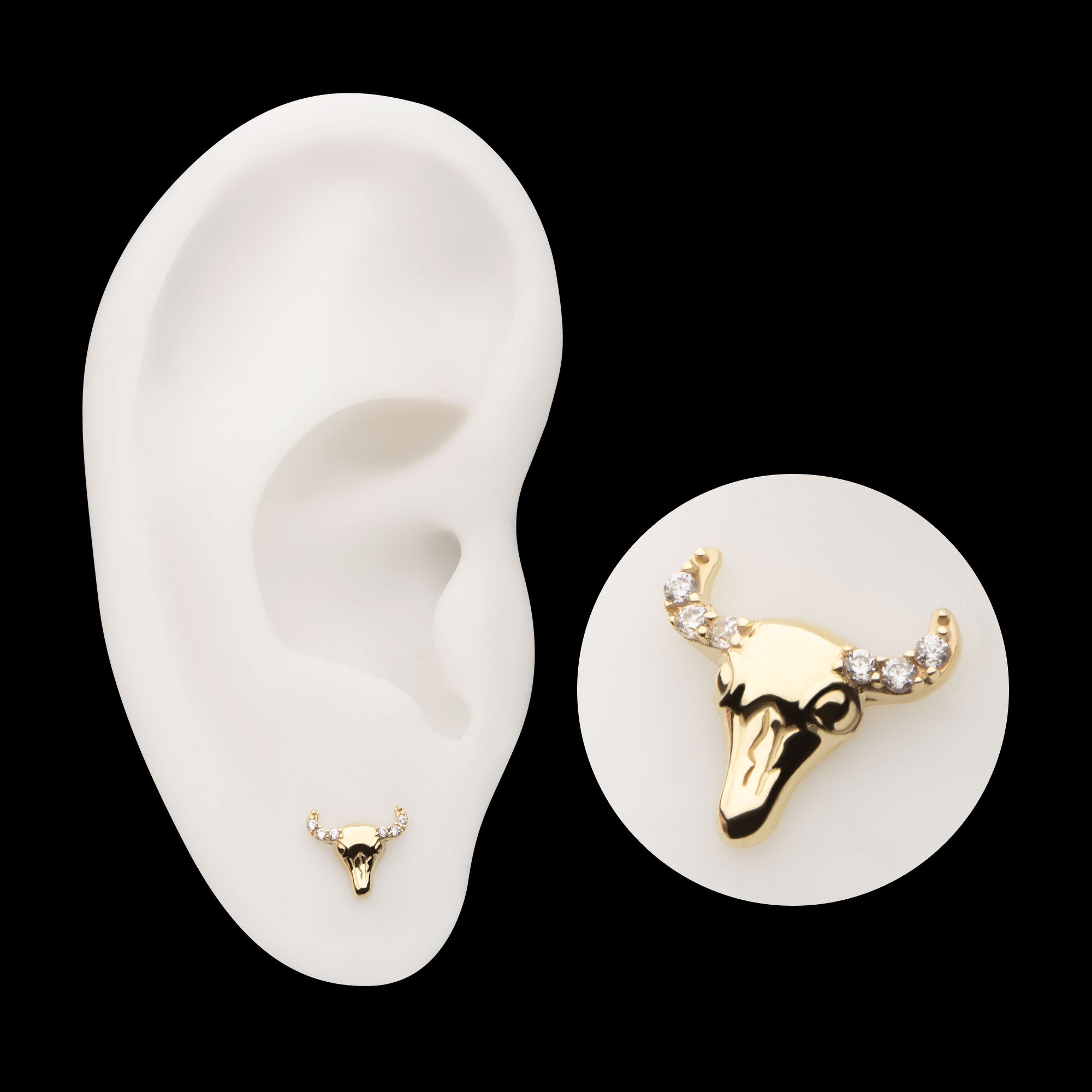 2D Steer Head with Prong Set Gem Flatback Stud Earring / Nosering - Gem in 14Kt Yellow Gold