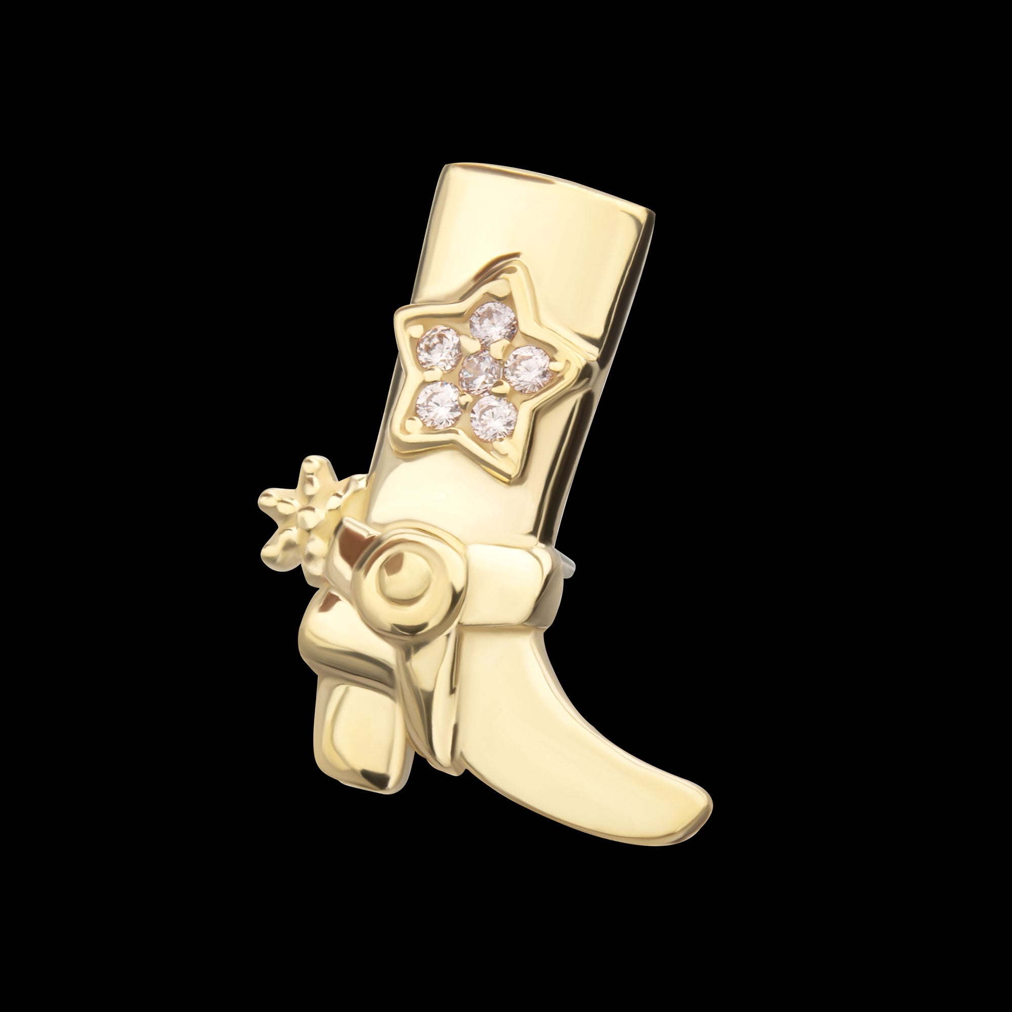 Cowboy Boot with Inlayed Pave Gem Star Flatback Stud Earring / Nosering - Gem in 14Kt Yellow Gold
