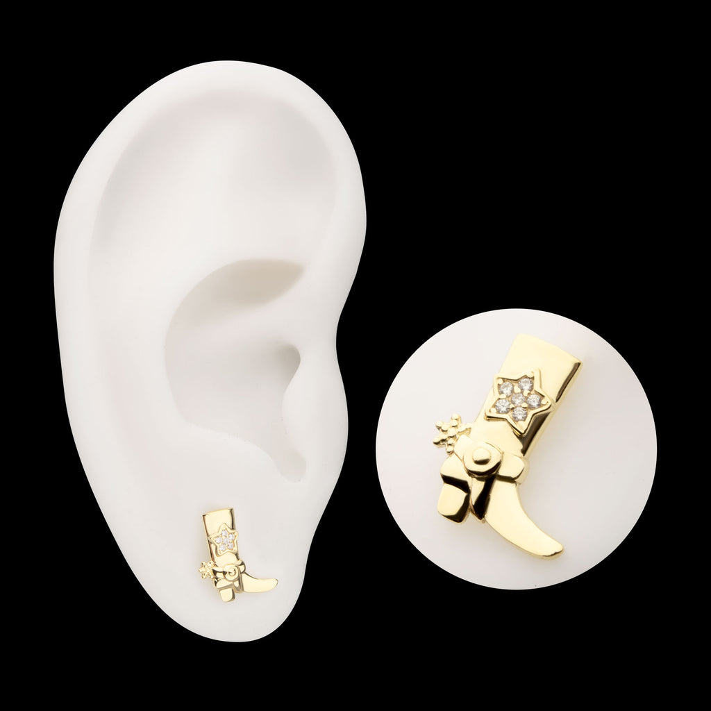 Cowboy Boot with Inlayed Pave Gem Star Flatback Stud Earring / Nosering - Gem in 14Kt Yellow Gold