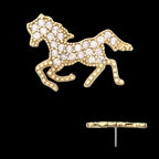 Milgrain Edge Gallopping Horse with Pave Gem Flatback Stud Earring / Nosering - Gem in 14Kt Yellow Gold