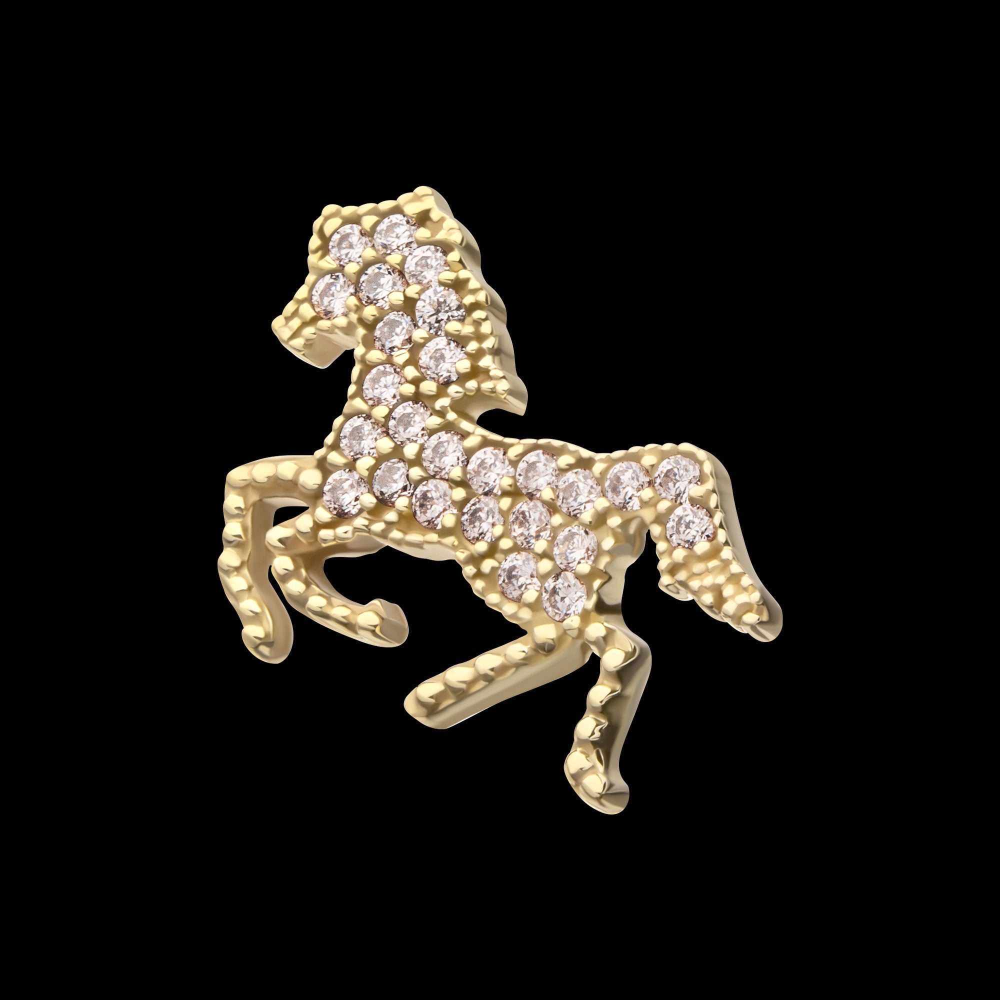 Milgrain Edge Gallopping Horse with Pave Gem Flatback Stud Earring / Nosering - Gem in 14Kt Yellow Gold