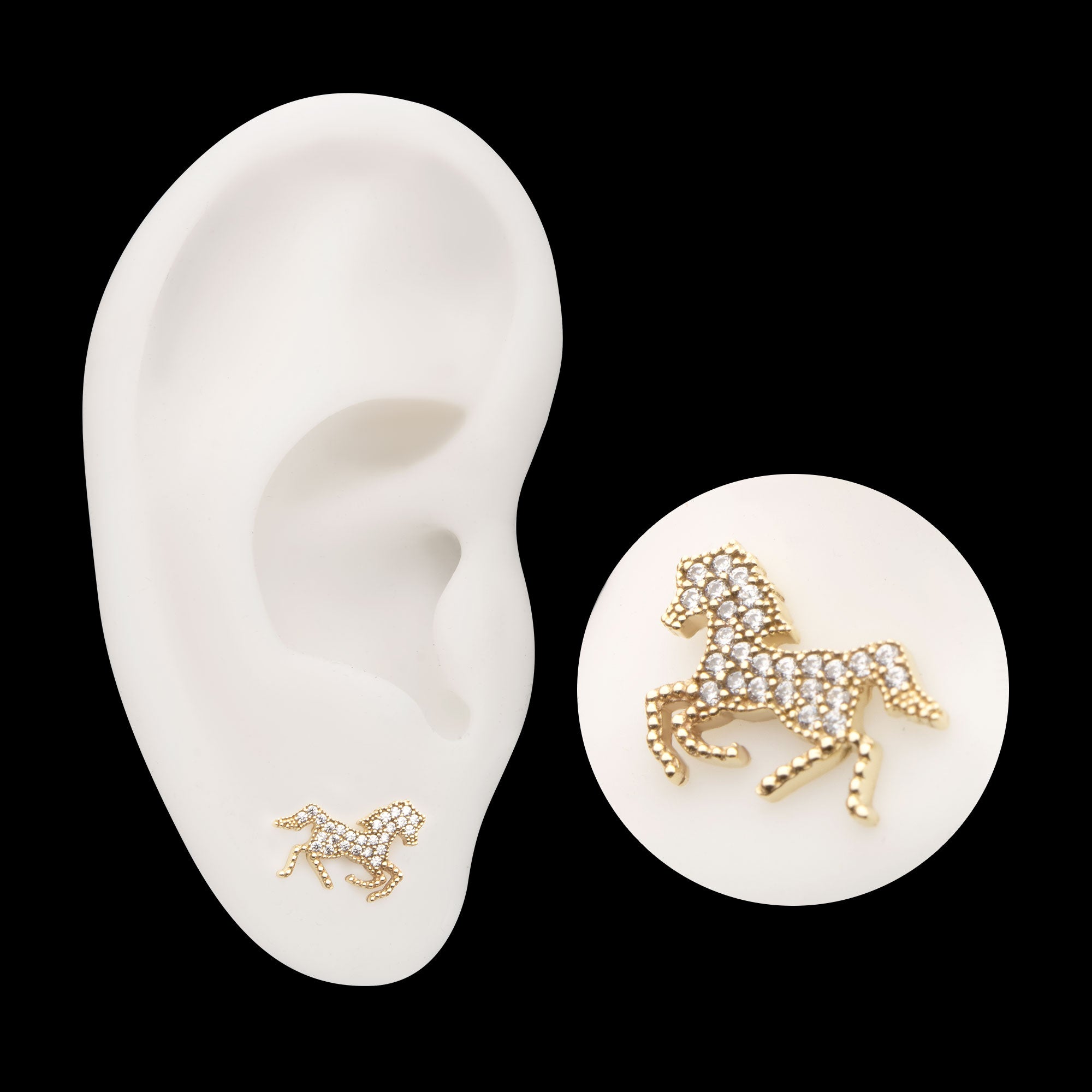 Milgrain Edge Gallopping Horse with Pave Gem Flatback Stud Earring / Nosering - Gem in 14Kt Yellow Gold
