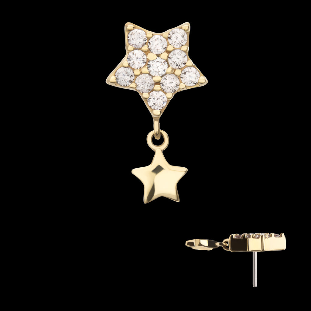 Pave Gem Star with Gold Star Dangle Flatback Stud Earring / Nosering - Gem in 14Kt Yellow Gold