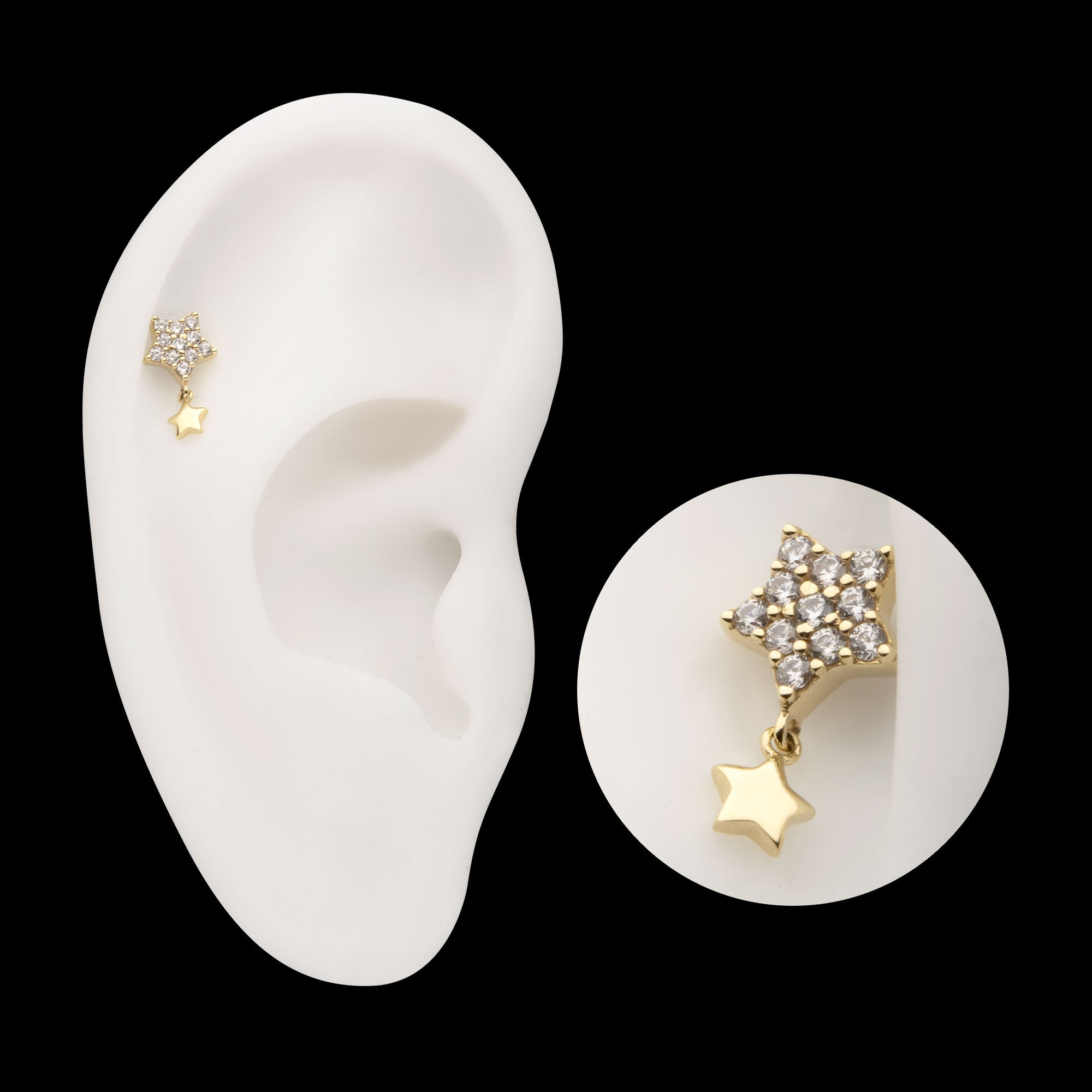 Pave Gem Star with Gold Star Dangle Flatback Stud Earring / Nosering - Gem in 14Kt Yellow Gold