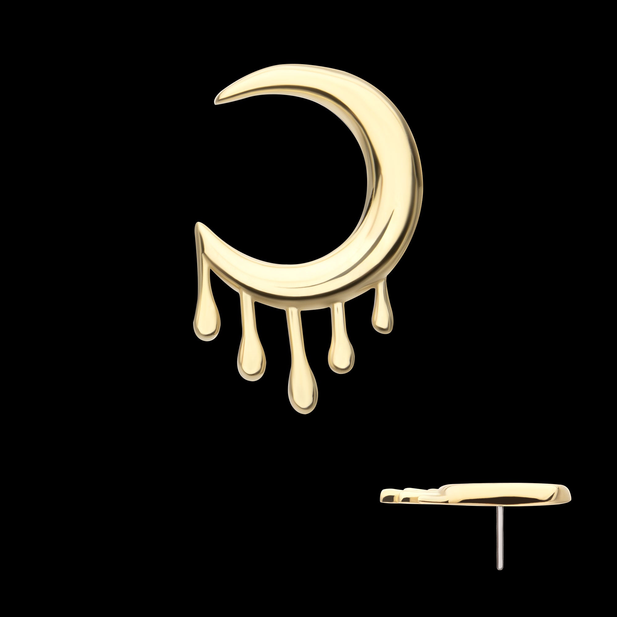 2D Dripping Crescent Moon Flatback Stud Earring / Nosering - 14Kt Yellow Gold