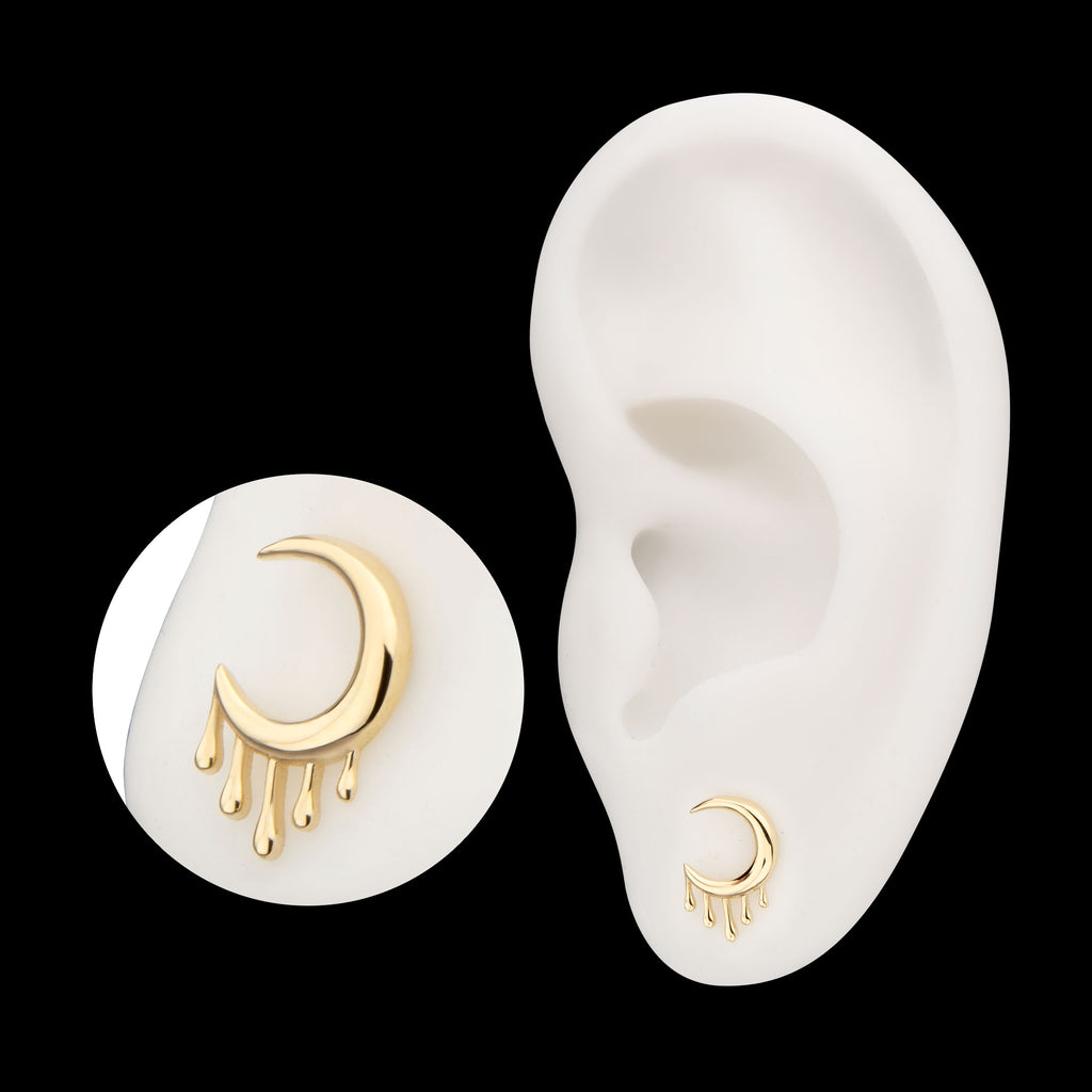 2D Dripping Crescent Moon Flatback Stud Earring / Nosering - 14Kt Yellow Gold