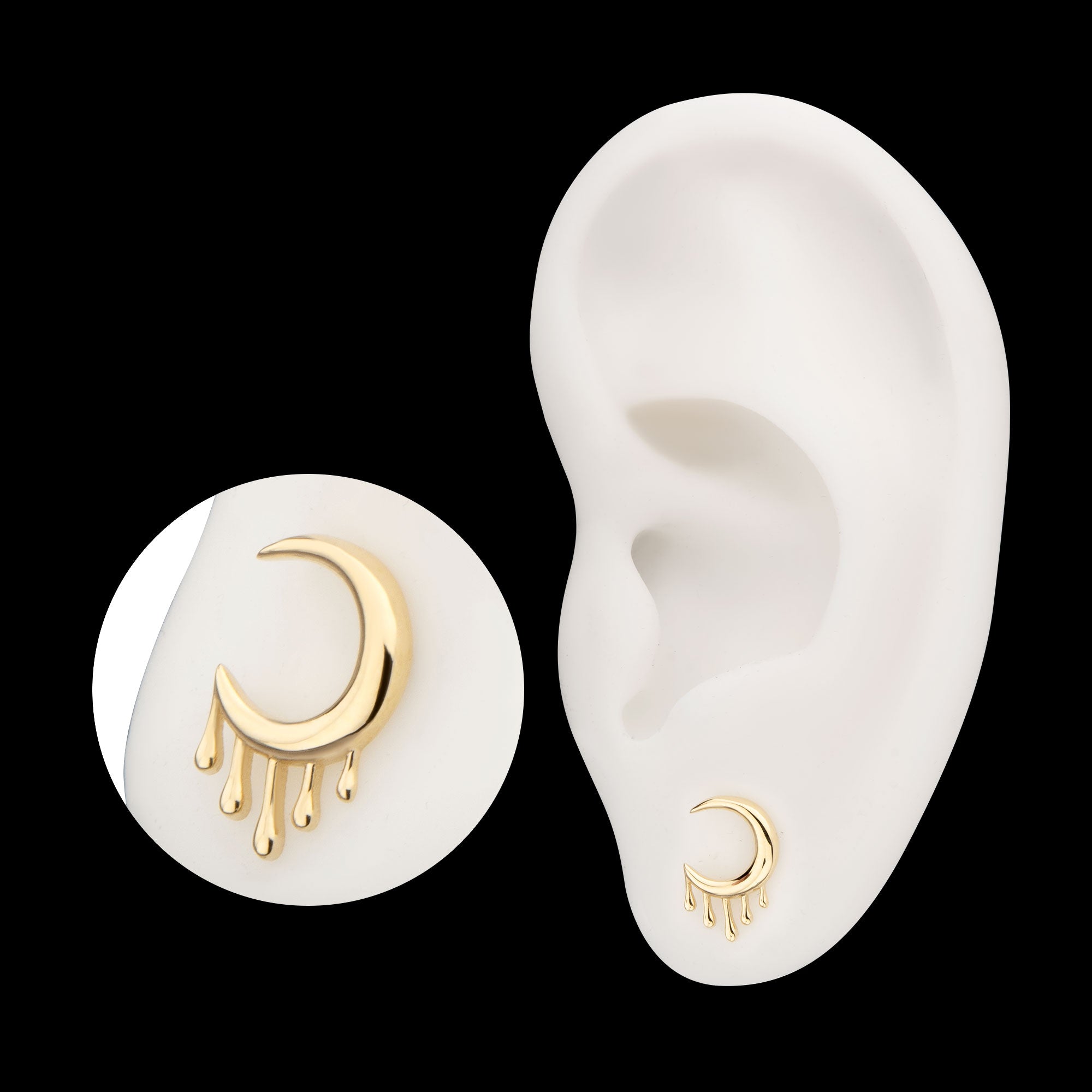 2D Dripping Crescent Moon Flatback Stud Earring / Nosering - 14Kt Yellow Gold