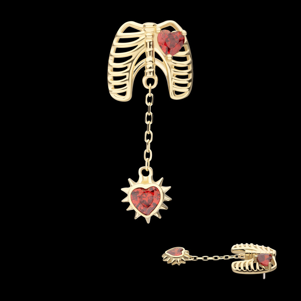 Prong Set Heart Gem Rib Cage with Spike Heart Dangle Flatback Stud Earring / Nosering - Gem in 14Kt Yellow Gold