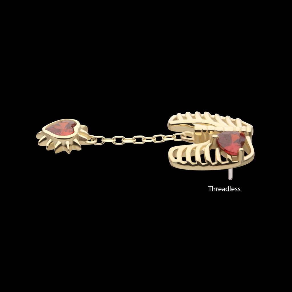 Prong Set Heart Gem Rib Cage with Spike Heart Dangle Flatback Stud Earring / Nosering - Gem in 14Kt Yellow Gold