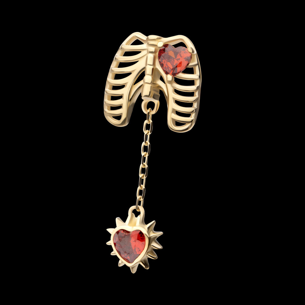 Prong Set Heart Gem Rib Cage with Spike Heart Dangle Flatback Stud Earring / Nosering - Gem in 14Kt Yellow Gold