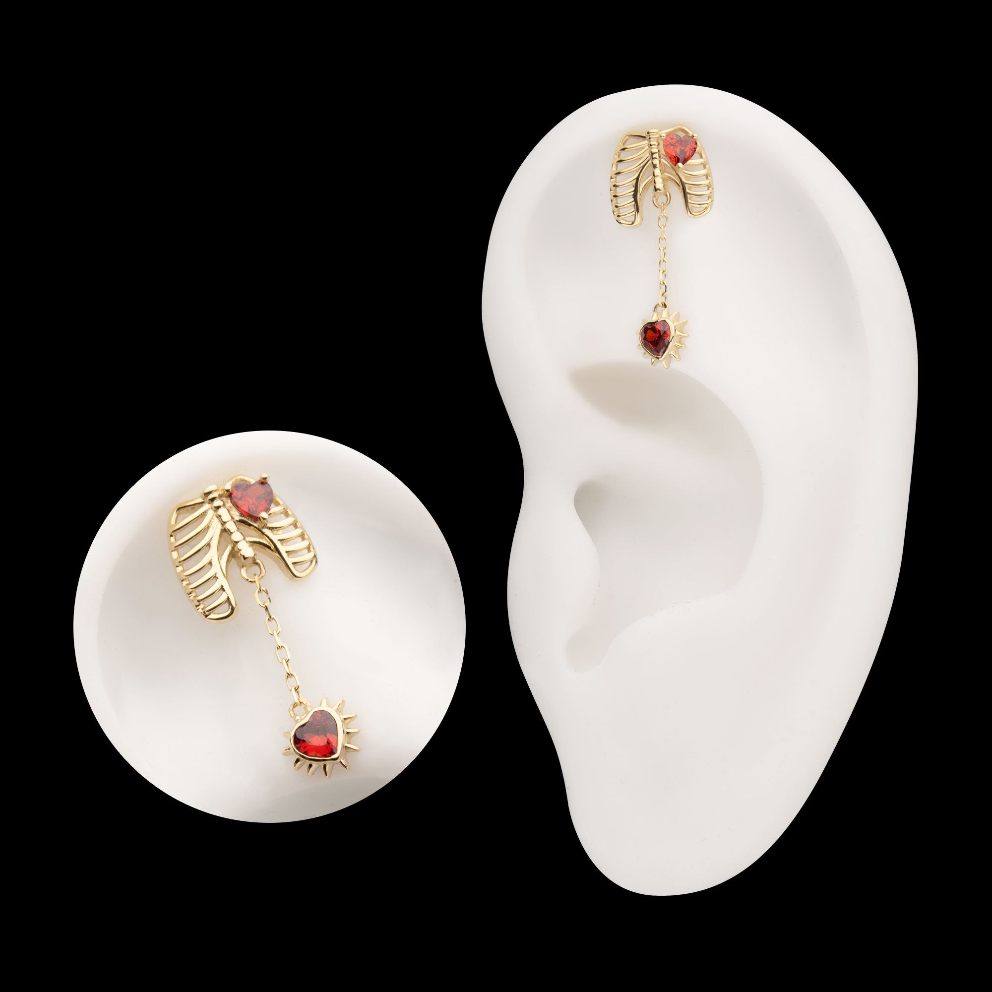 Prong Set Heart Gem Rib Cage with Spike Heart Dangle Flatback Stud Earring / Nosering - Gem in 14Kt Yellow Gold