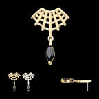 Fan Shape Spiderweb with Black Marquise Gem Dangle Flatback Stud Earring / Nosering - Gem in 14Kt Gold