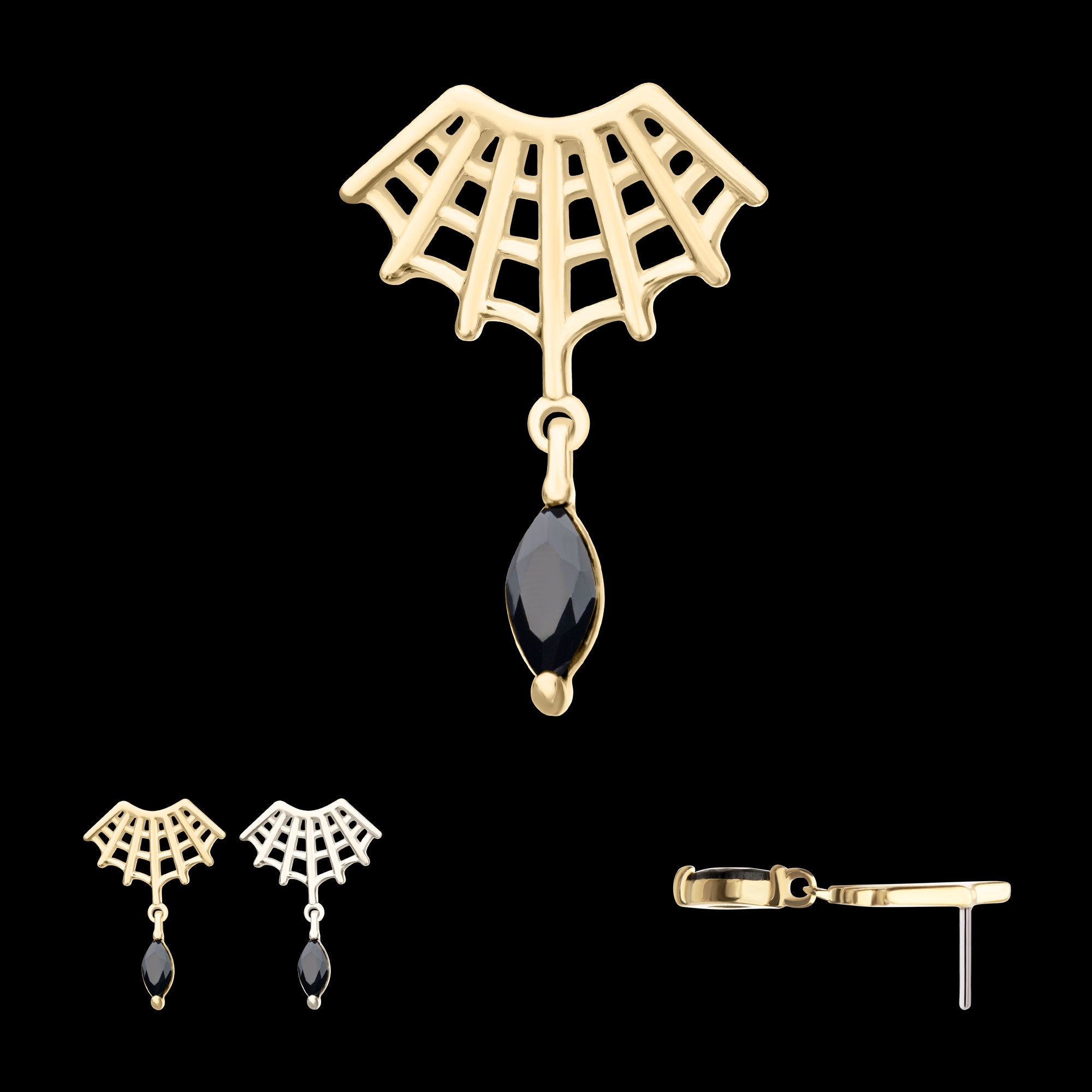 Fan Shape Spiderweb with Black Marquise Gem Dangle Flatback Stud Earring / Nosering - Gem in 14Kt Gold