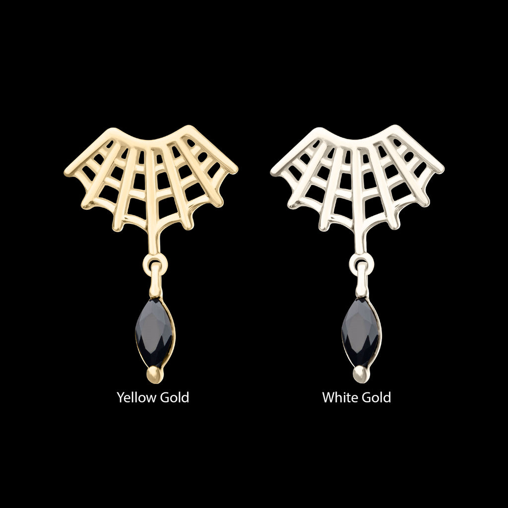 Fan Shape Spiderweb with Black Marquise Gem Dangle Flatback Stud Earring / Nosering - Gem in 14Kt Gold