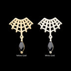 Fan Shape Spiderweb with Black Marquise Gem Dangle Flatback Stud Earring / Nosering - Gem in 14Kt Gold