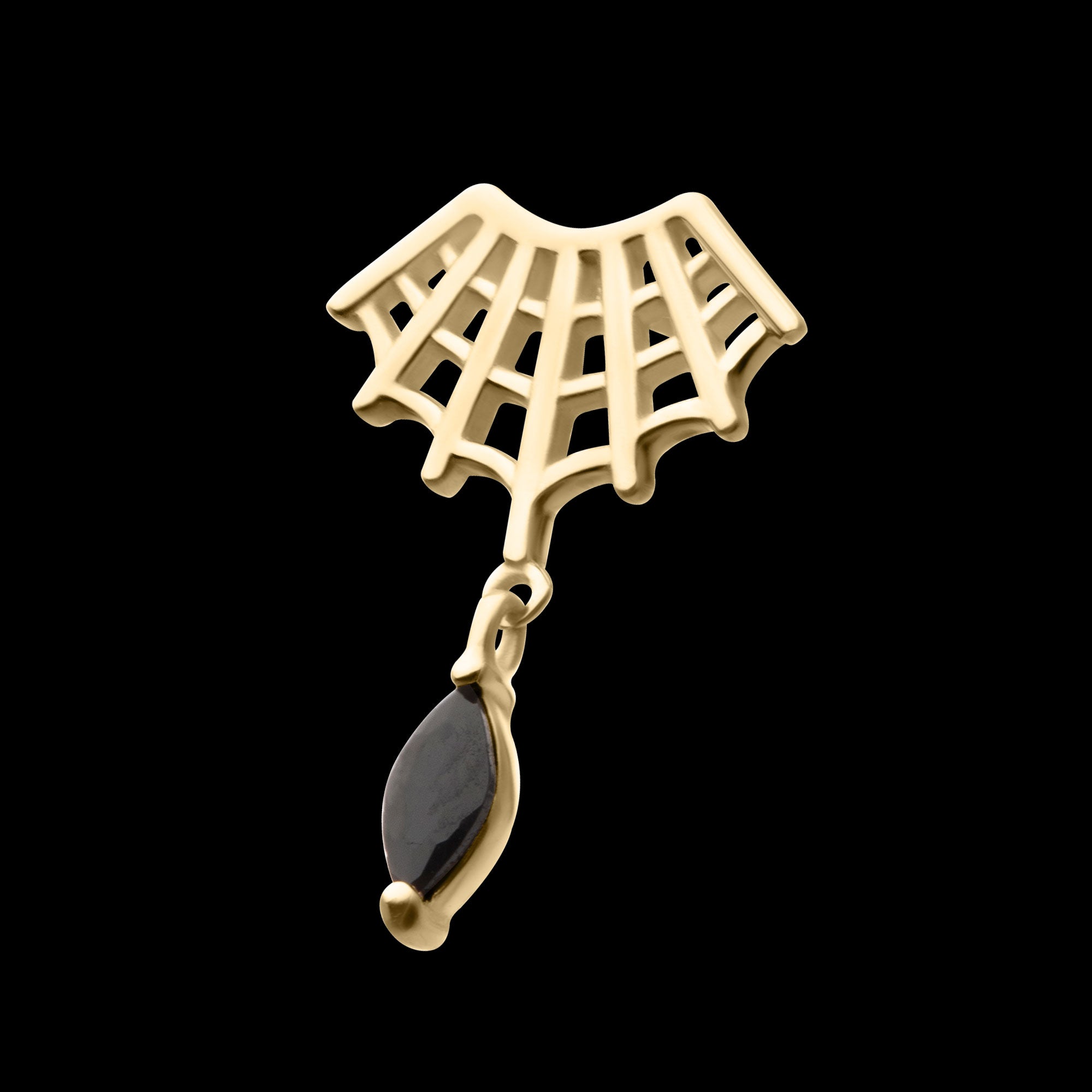 Fan Shape Spiderweb with Black Marquise Gem Dangle Flatback Stud Earring / Nosering - Gem in 14Kt Gold