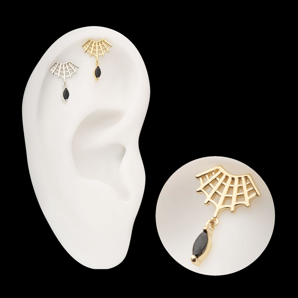 Fan Shape Spiderweb with Black Marquise Gem Dangle Flatback Stud Earring / Nosering - Gem in 14Kt Gold