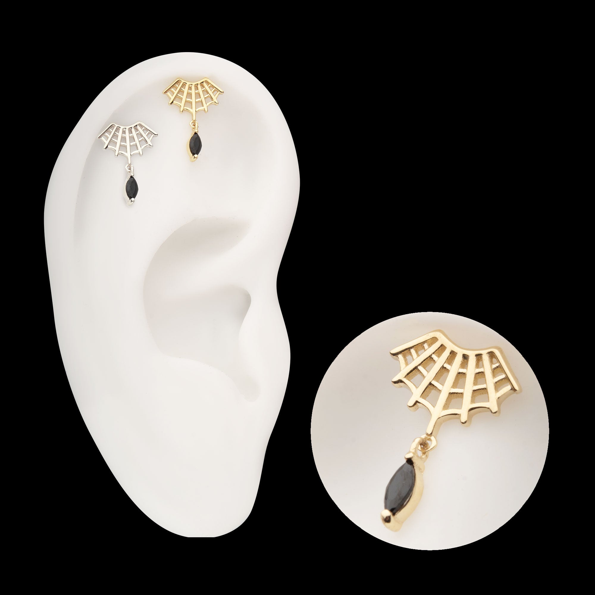 Fan Shape Spiderweb with Black Marquise Gem Dangle Flatback Stud Earring / Nosering - Gem in 14Kt Gold