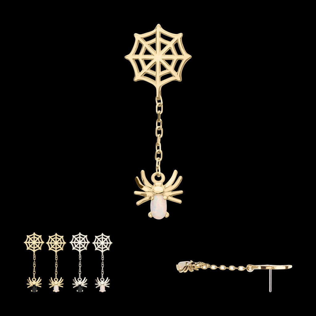 Spiderweb with Prong Set Gem/Opal Spider Dangle Flatback Stud Earring / Nosering - Opal in 14Kt Gold