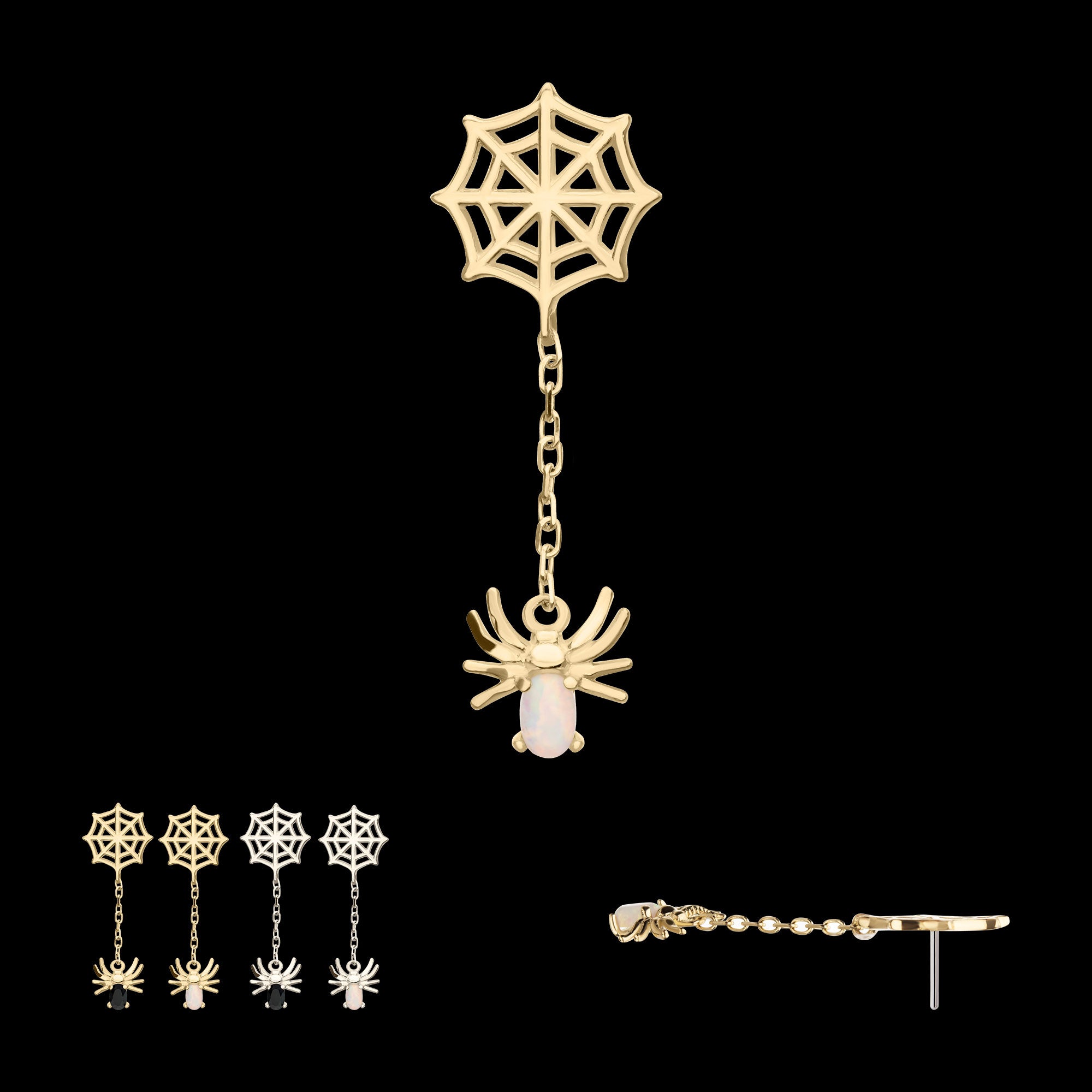 Spiderweb with Prong Set Gem/Opal Spider Dangle Flatback Stud Earring / Nosering - Opal in 14Kt Gold