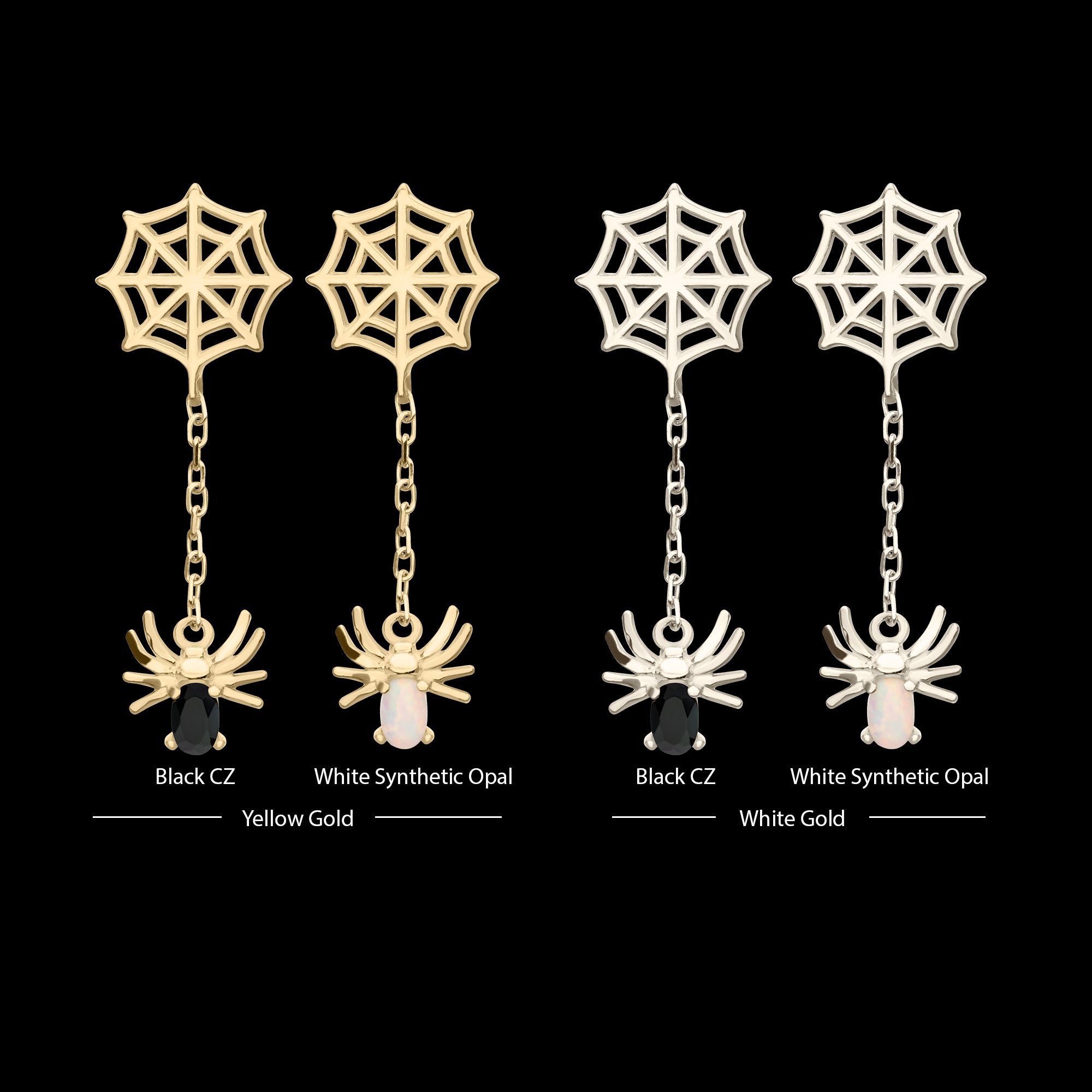 Spiderweb with Prong Set Gem/Opal Spider Dangle Flatback Stud Earring / Nosering - Opal in 14Kt Gold