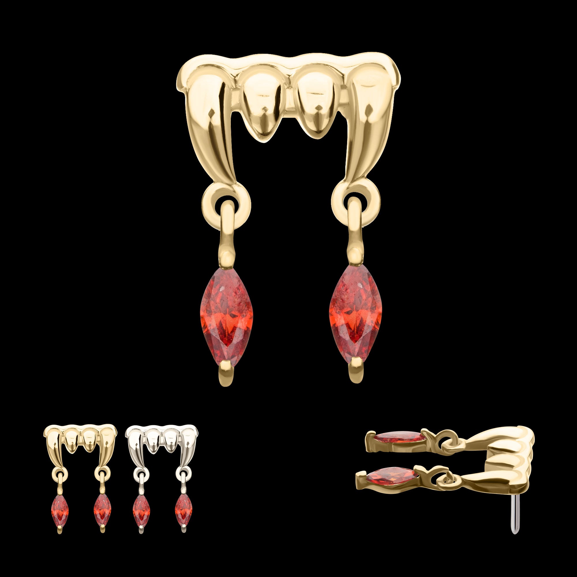 Dripping Fangs with Garnet Marquise Gem Dangle Flatback Stud Earring / Nosering - Garnet in 14Kt Gold