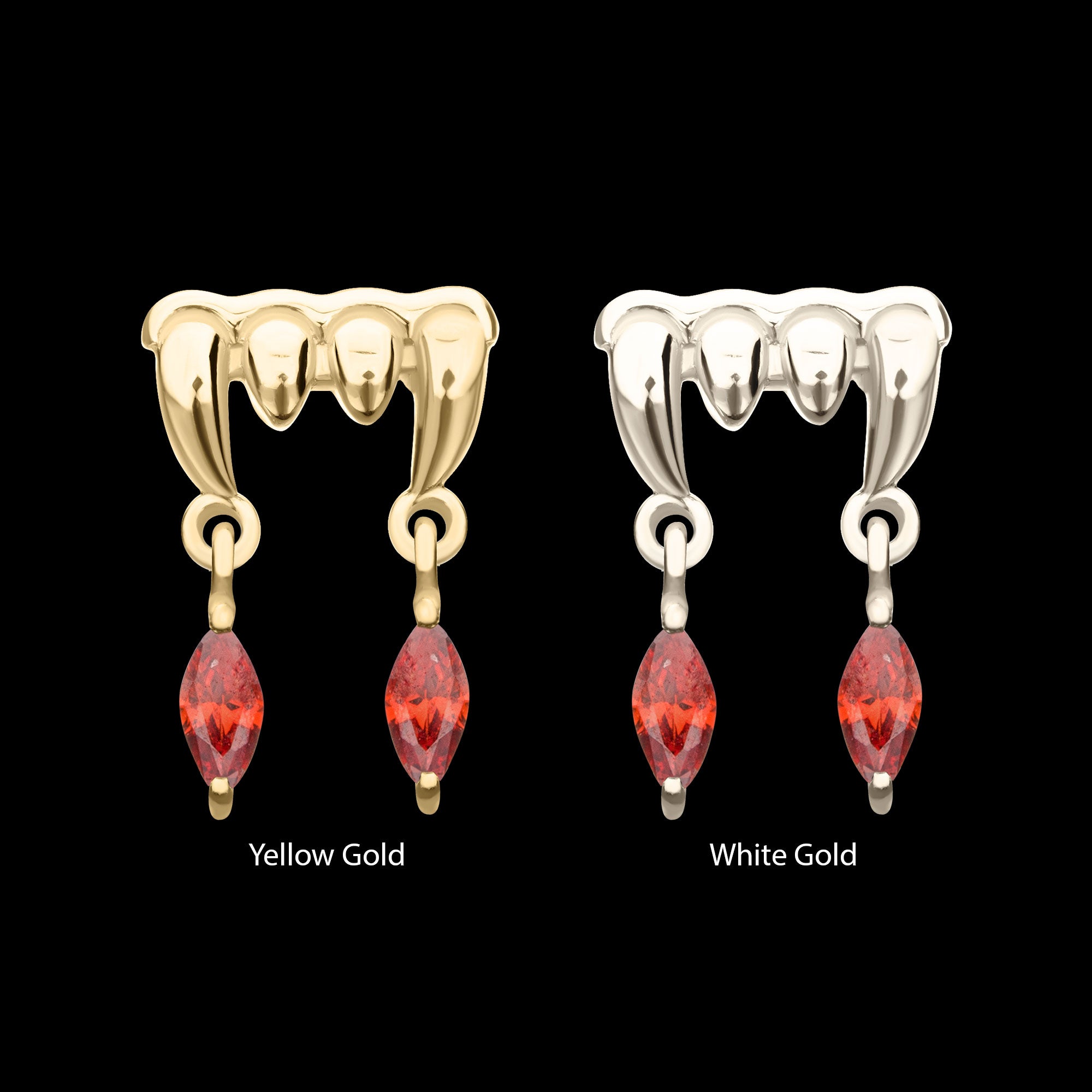 Dripping Fangs with Garnet Marquise Gem Dangle Flatback Stud Earring / Nosering - Garnet in 14Kt Gold